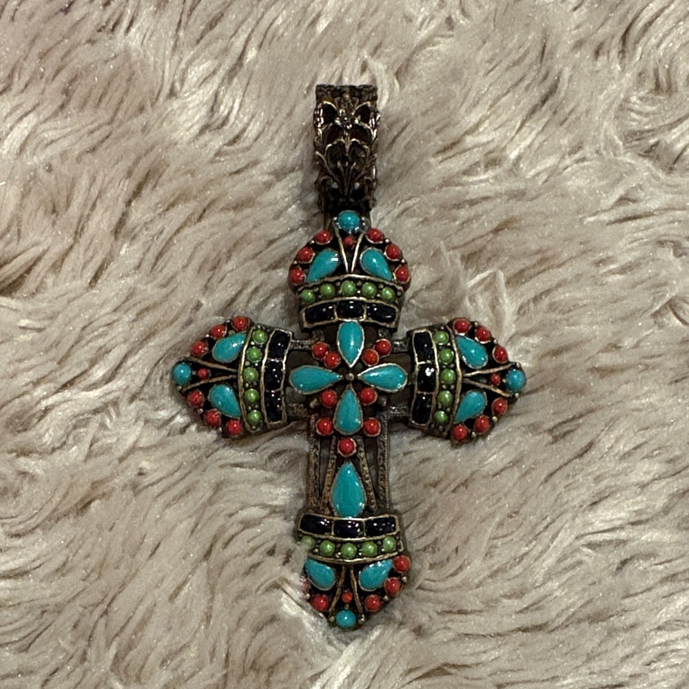 Sweet Romance Multi Color Faux Coral Turquoise Mayan Cross Pendant